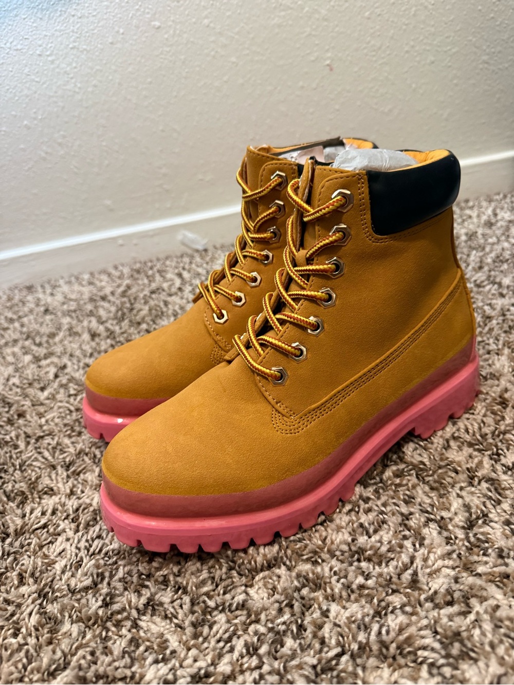 Cape Robbin Mustard Yellow Lace-Up Boots with Pink Lug Sole